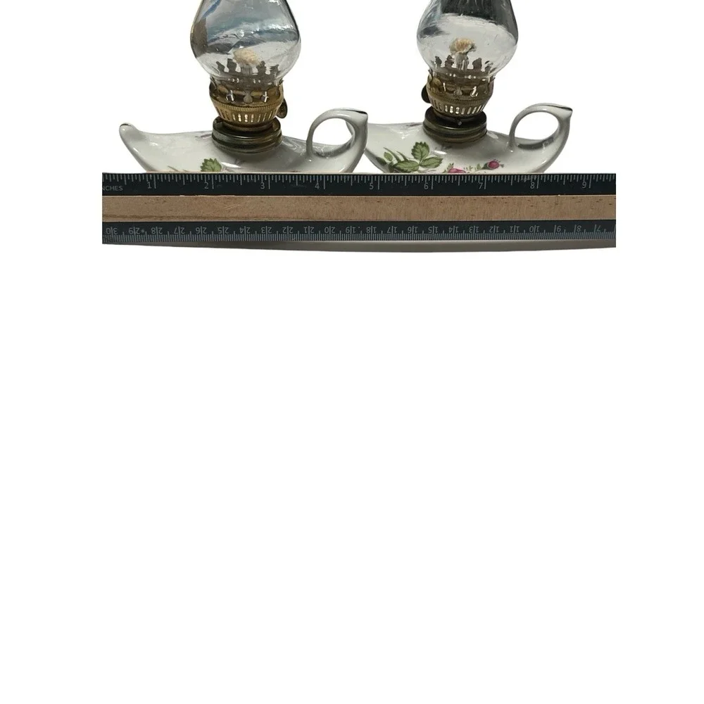 Vtg Mini Hurricane Aladdin Genie Oil Lamp Set (2) White Ceramic Rose Flowers